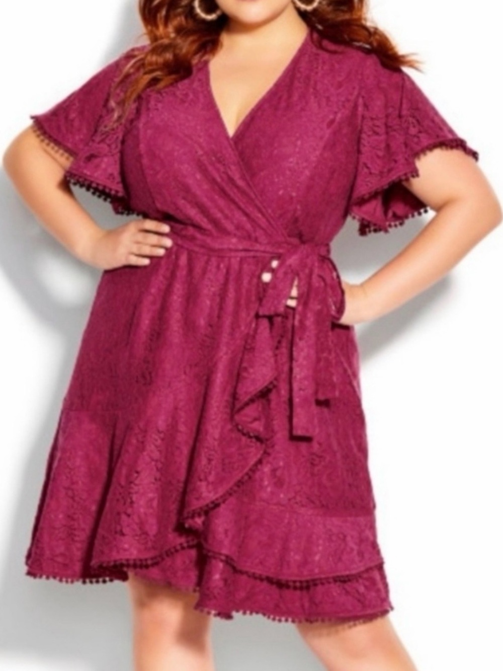 City Chic “Sweet Lace” Magenta Faux Wrap Dress XS/14